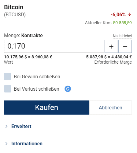 Plus500 Screenshot um Bitcoin zu kaufen
