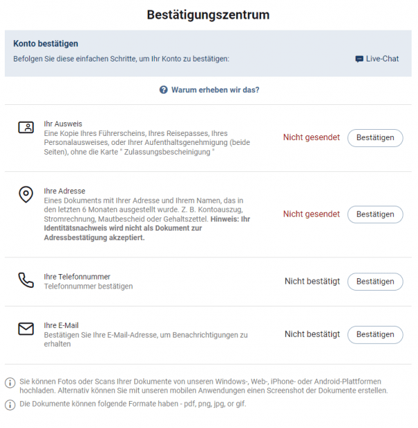 Screenshot vom Plus500 Bestätigungszentrum