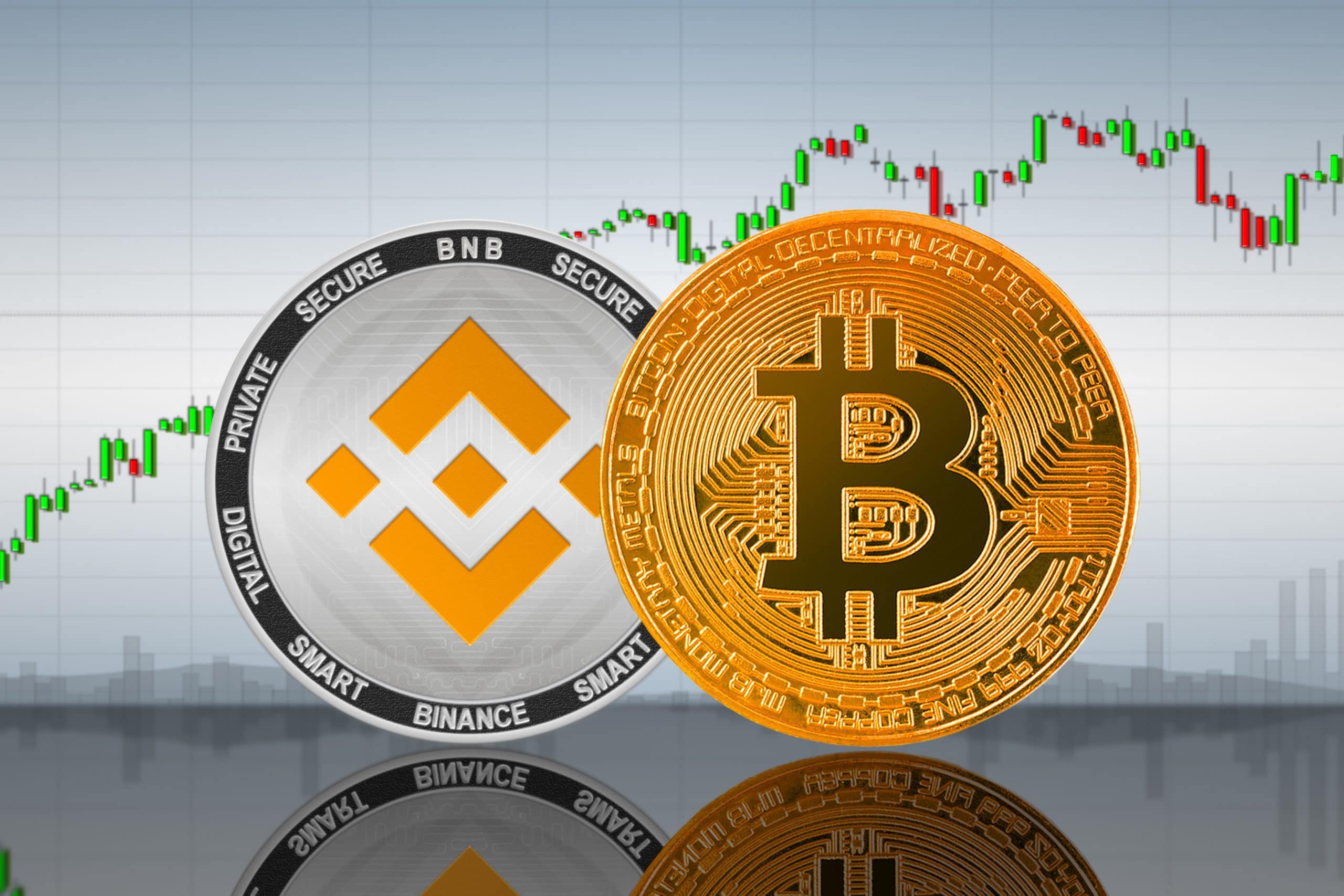 Münzen von Bitcoin und Binance Coin vor einem Chart