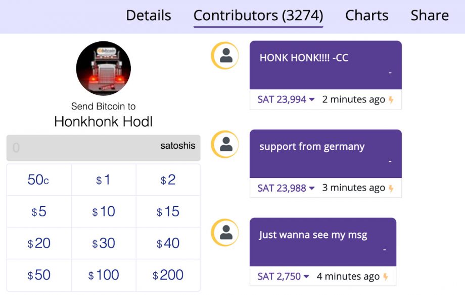 Screenshot von eingehenden Transaktionen via Lightning