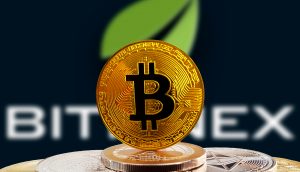 Bitcoin-Münze vor Bitfinex-Logo