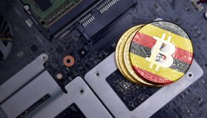 Bitcoin-Münze mit Ugandaflagge