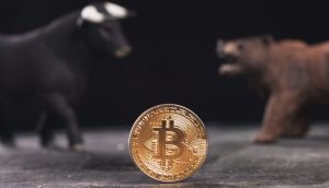 Bitcoin Münze mit Bullen und Bären im Hintergrund