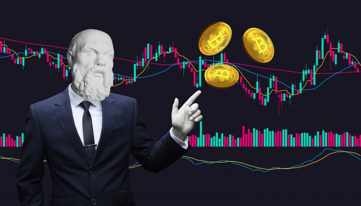 Invesmtenttyp der Bitcoin Münzen wirft mit einem Chart im Hintergrund