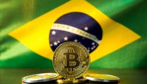 Brasilianische Flagge mit Bitcoin-Münze