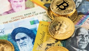 Bitcoin Münzen neben Iranischem Rial.