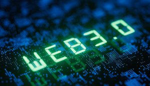 Digitale Anzeige mit dem Wort WEB3.0 in grünen Buchstaben auf einem dunklen, pixeligen Hintergrund, die Technologie und die nächste Generation des Internets symbolisiert – eine Innovation, die vom Hanseatic Blockchain Institute erforscht wird.
