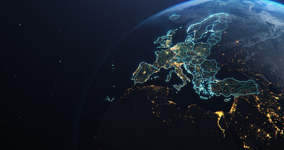 Europa aus dem All mit digitalen Lichtverbindungen als Symbolbild für tokenisierte Real-World-Assets und Onchain-Finanzinfrastruktur
