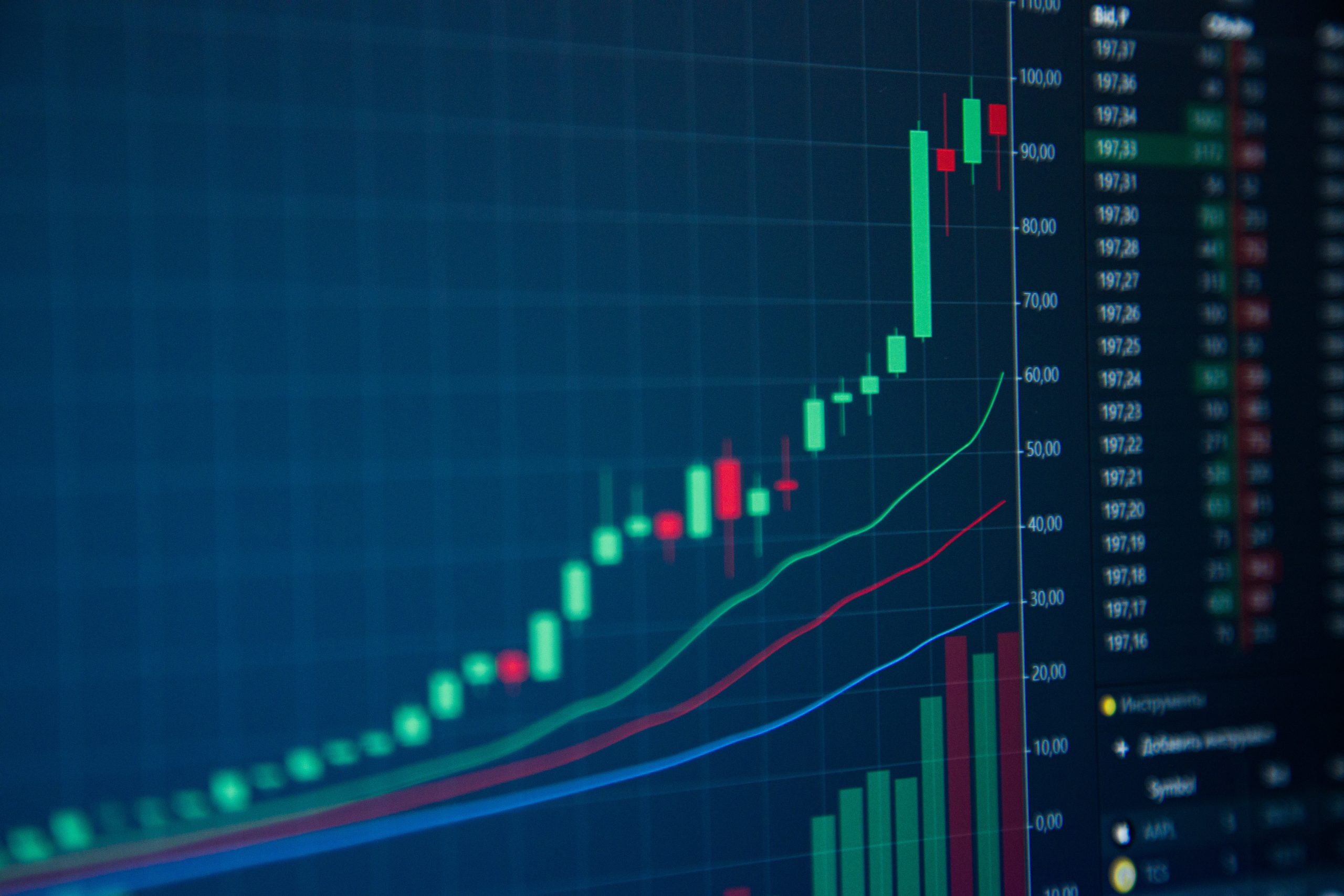 Ein Finanzdiagramm mit Kerzen und verschiedenen Trendlinien deutet auf einen Aufwärtstrend im DeFi-Markt hin. Ein angrenzendes Balkendiagramm zeigt die entsprechenden Volumina mit numerischen Daten auf der rechten Seite.