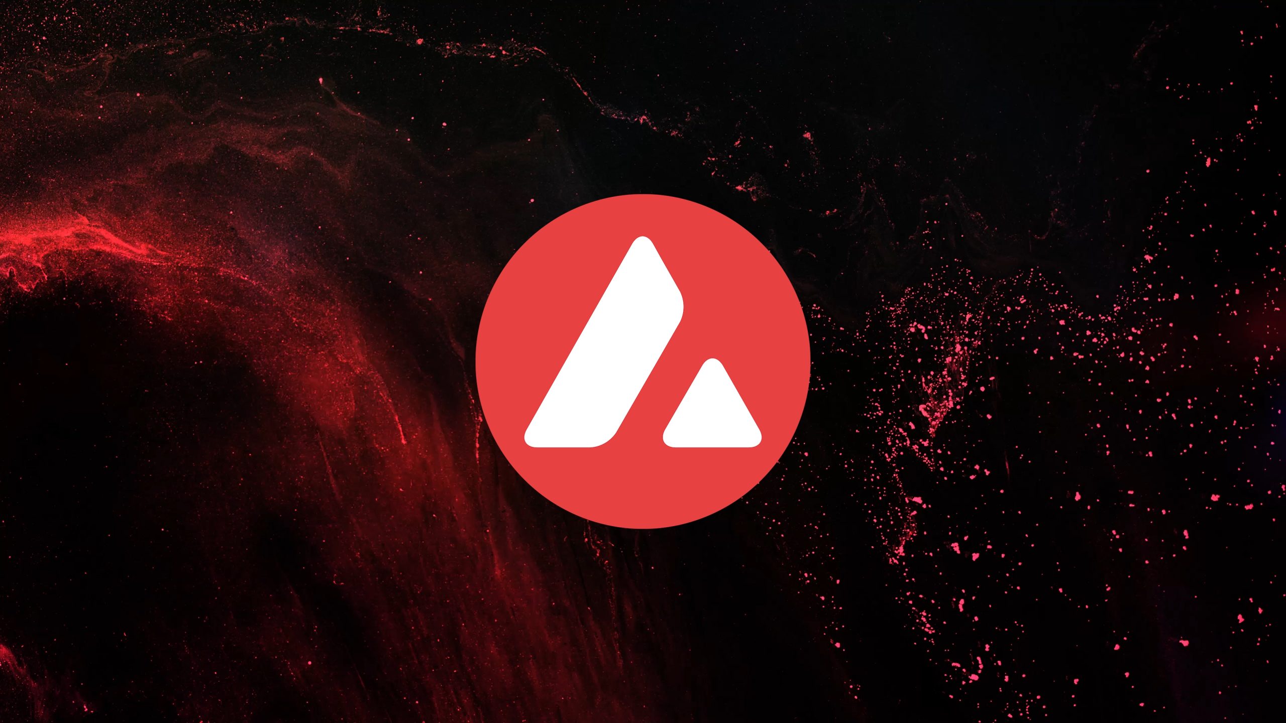 Rotes AVAX-Logo mit zwei weißen Dreiecken auf einem dunklen, strukturierten Hintergrund mit Spritzern in leuchtendem Rot.