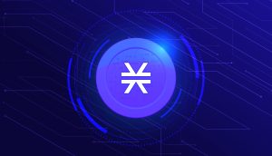 Eine digitale Grafik zeigt das Kryptowährungslogo von Stacks in Weiß auf einem kreisförmigen blauen Hintergrund.