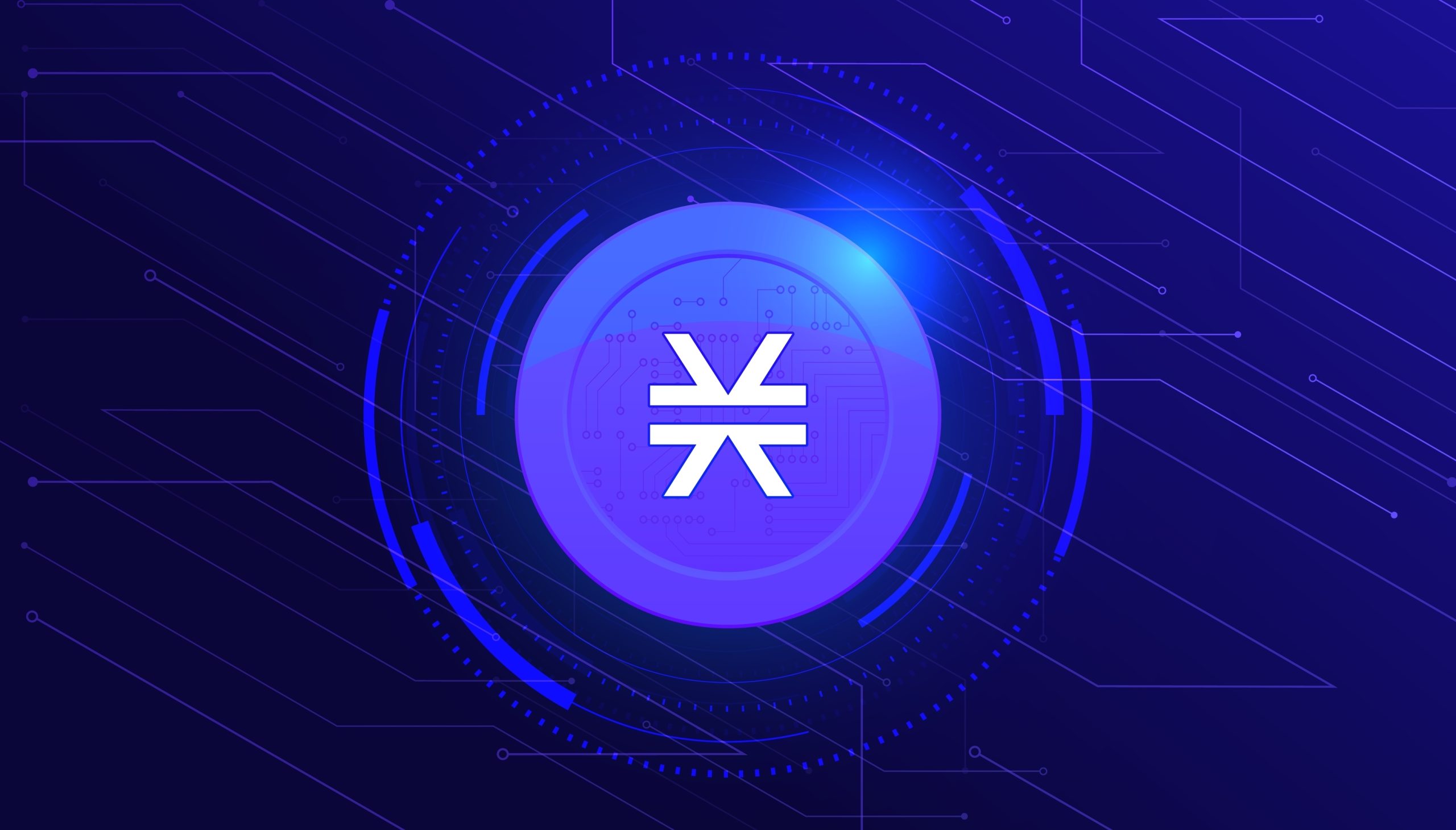 Eine digitale Grafik zeigt das Kryptowährungslogo von Stacks in Weiß auf einem kreisförmigen blauen Hintergrund.