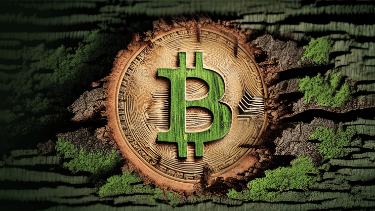 Bitcoin Münze grüner Hintergrund, Natur