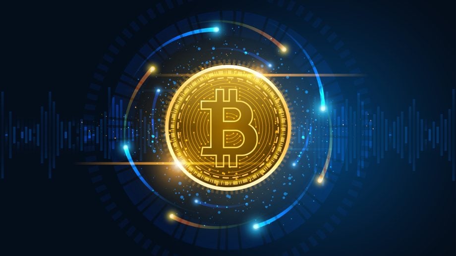 Bitcoin-DeFi Illustration mit goldenem Bitcoin und digitalem Netzwerk auf blauem Hintergrund