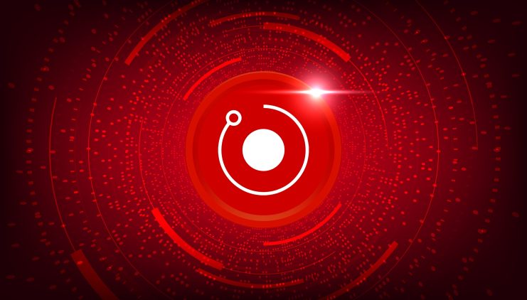 Eine rote digitale Illustration mit einem zentralen atomähnlichen Design mit konzentrischen Kreisen und einem leuchtenden Punkt, das an das Render Token-Emblem erinnert.
