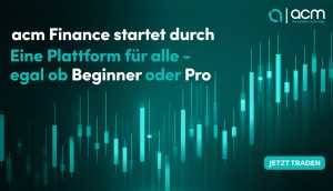 Werbegrafik für ACM Finance mit einem Balkendiagramm, türkis-weißem Text über eine Plattform für alle Benutzer und einem „Jetzt handeln“-Button. Erleben Sie nahtloses Trading mit ACM.
