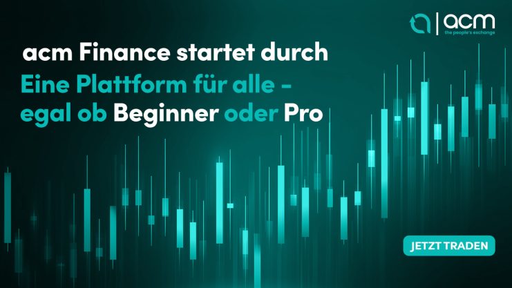 Werbegrafik für ACM Finance mit einem Balkendiagramm, türkis-weißem Text über eine Plattform für alle Benutzer und einem „Jetzt handeln“-Button. Erleben Sie nahtloses Trading mit ACM.