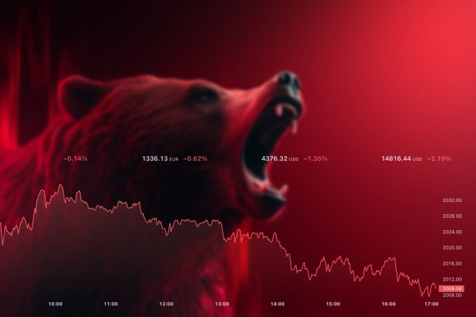 Roter Bär als Symbol für die fallende Coinbase-Aktie