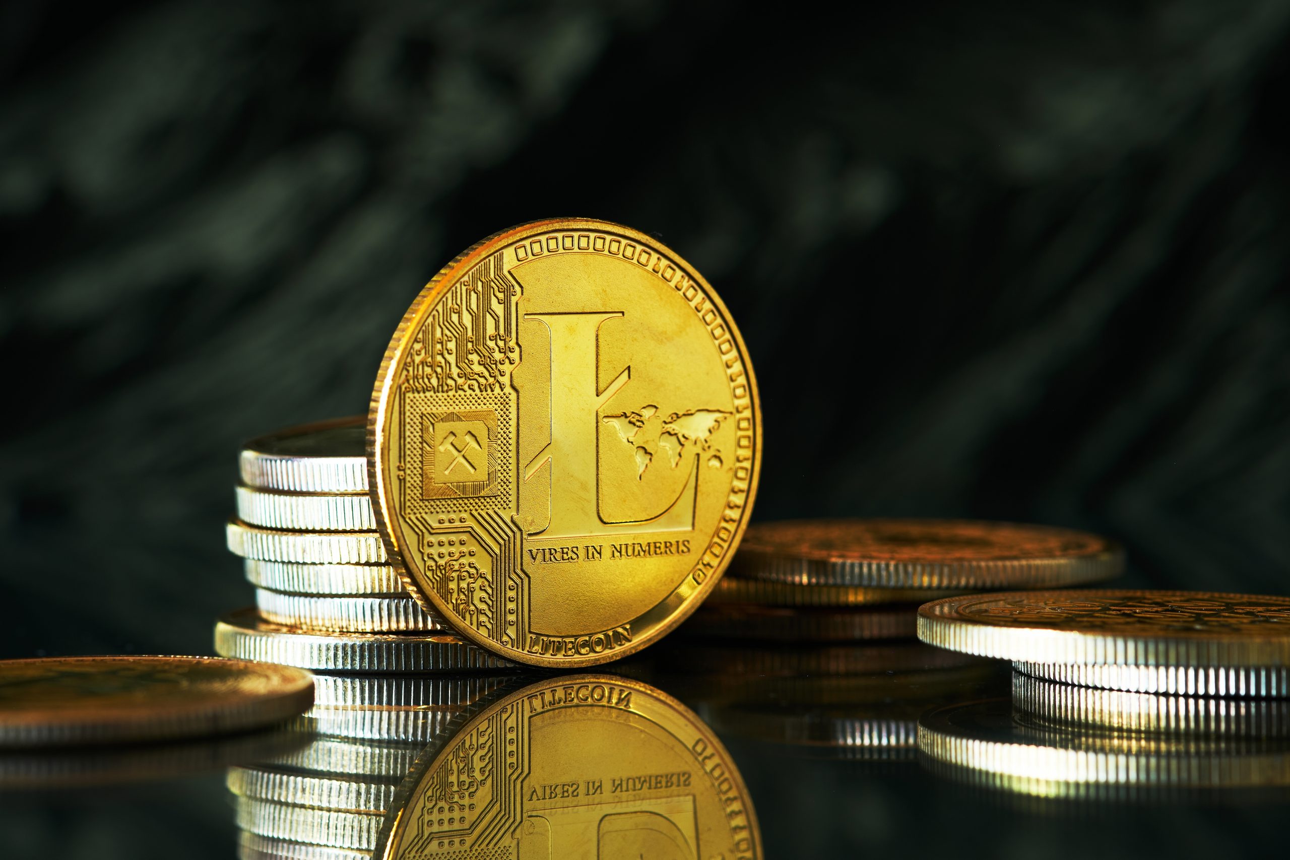 Litecoin (LTC) Münze auf dunklem untergrund