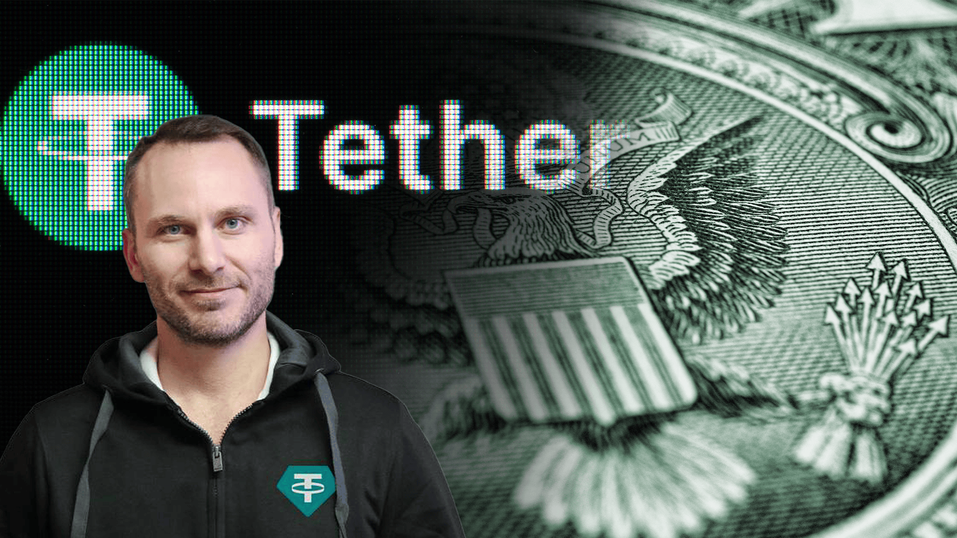 Tether CEO Paolo Ardoino ist neben einem Siegel der USA zu sehen. Dahinter ist das Logo von Tether.