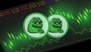 Zwei grüne Frosch-Cartoon-Münzen, die an Pepe erinnern, zeigen nachdenkliche Ausdrücke über einem digitalen Finanzdiagramm mit grünen und orangefarbenen Indikatoren.