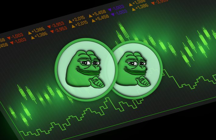 Zwei grüne Frosch-Cartoon-Münzen, die an Pepe erinnern, zeigen nachdenkliche Ausdrücke über einem digitalen Finanzdiagramm mit grünen und orangefarbenen Indikatoren.