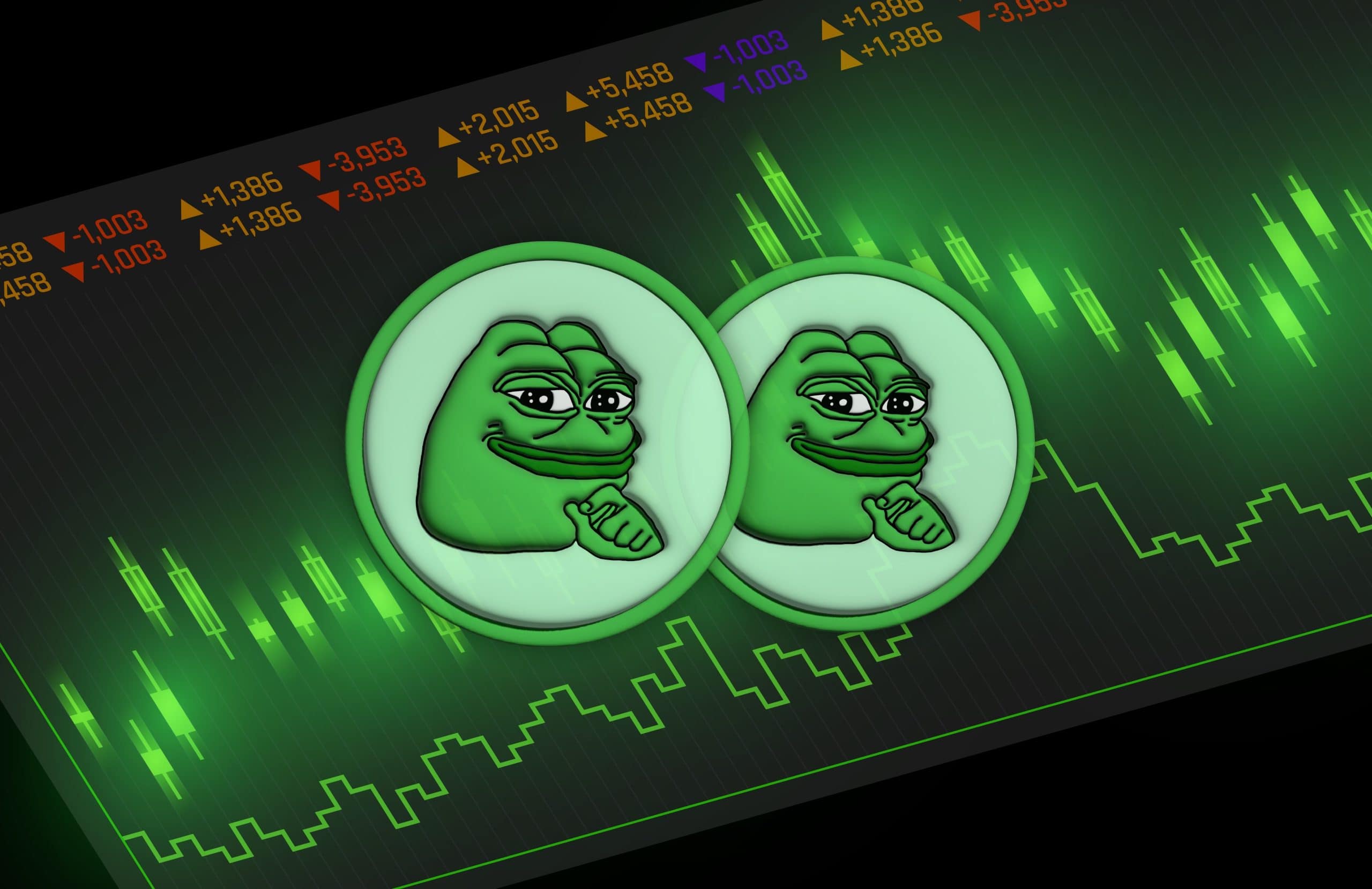 Zwei grüne Frosch-Cartoon-Münzen, die an Pepe erinnern, zeigen nachdenkliche Ausdrücke über einem digitalen Finanzdiagramm mit grünen und orangefarbenen Indikatoren.