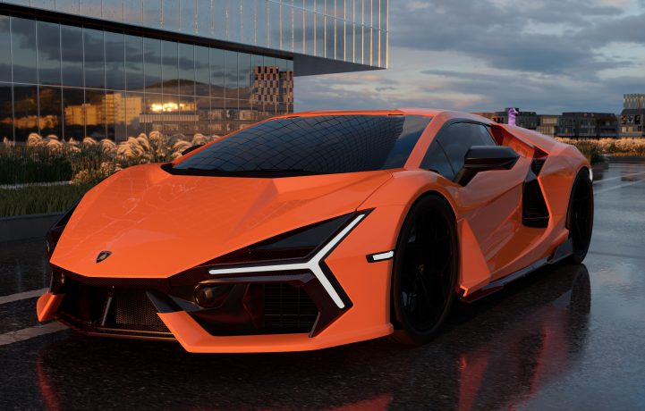 Ein eleganter, orangefarbener Sportwagen der Marke Lamborghini parkt auf einer nassen Fläche vor einem modernen Glasgebäude.
