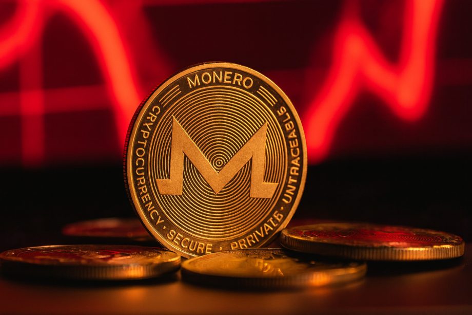 Eine Monero-Münze wird prominent vor mehreren anderen Münzen angezeigt, mit einem roten, schwankenden Graphen im unscharfen Hintergrund, der die Dynamik des Kryptomarktes von Monero hervorhebt.