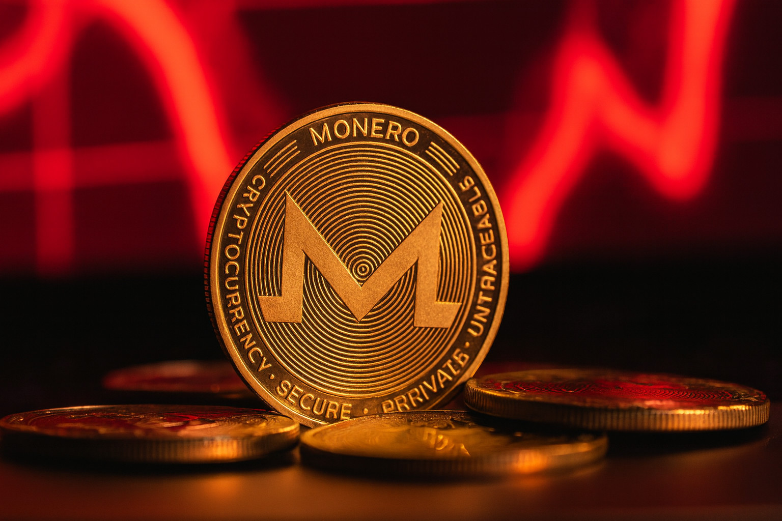 Eine Monero-Münze wird prominent vor mehreren anderen Münzen angezeigt, mit einem roten, schwankenden Graphen im unscharfen Hintergrund, der die Dynamik des Kryptomarktes von Monero hervorhebt.