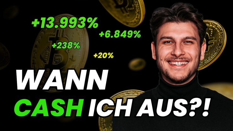 Große, grüne Prozentzahlen vor einem Bitcoin-Logo
