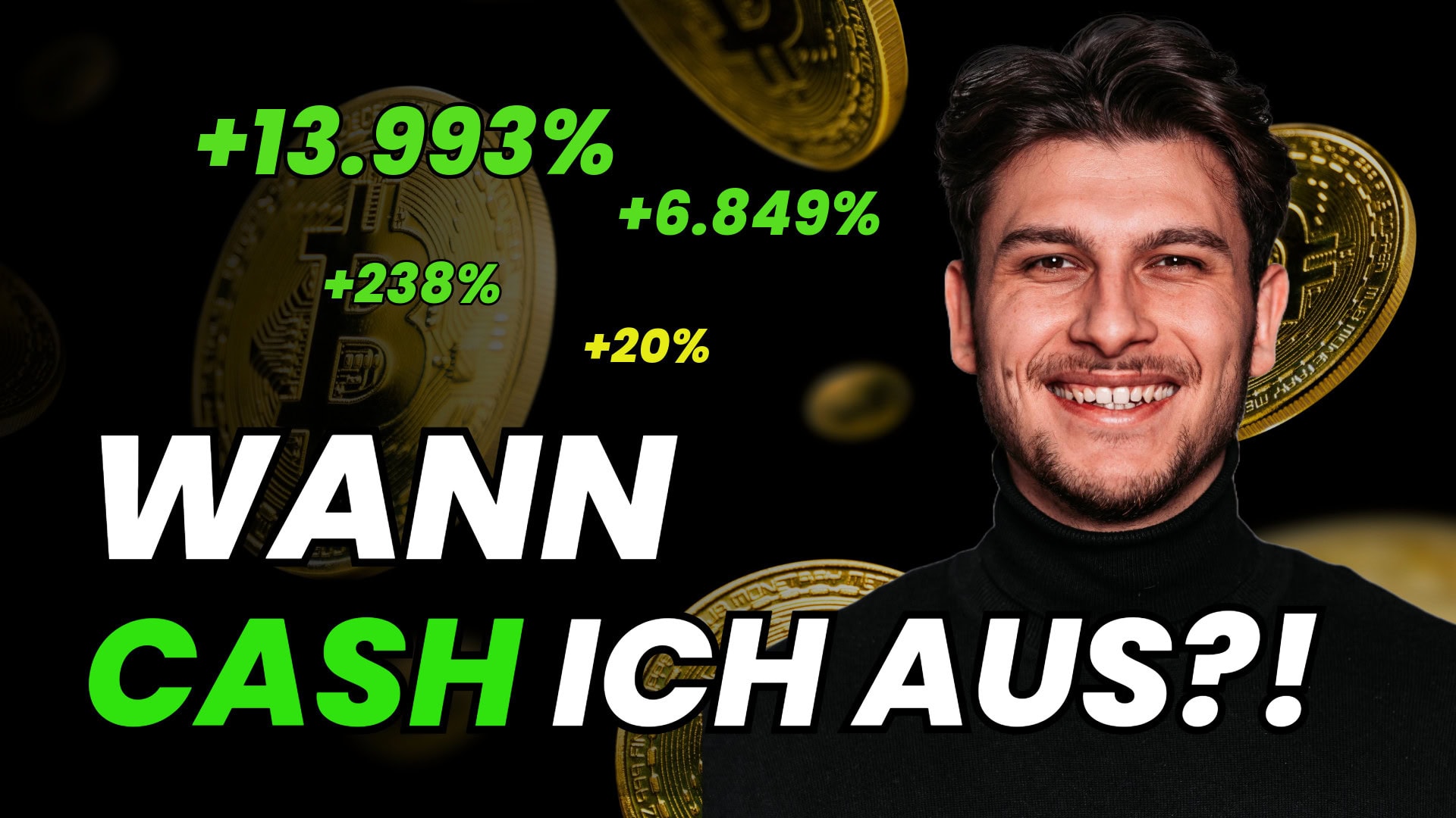 Große, grüne Prozentzahlen vor einem Bitcoin-Logo
