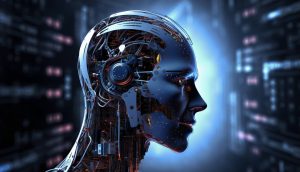 Ein detaillierter humanoider Roboterkopf mit sichtbaren Schaltkreisen und mechanischen Teilen wird im Profil vor einem Hintergrund aus leuchtenden digitalen Kryptodaten gezeigt.