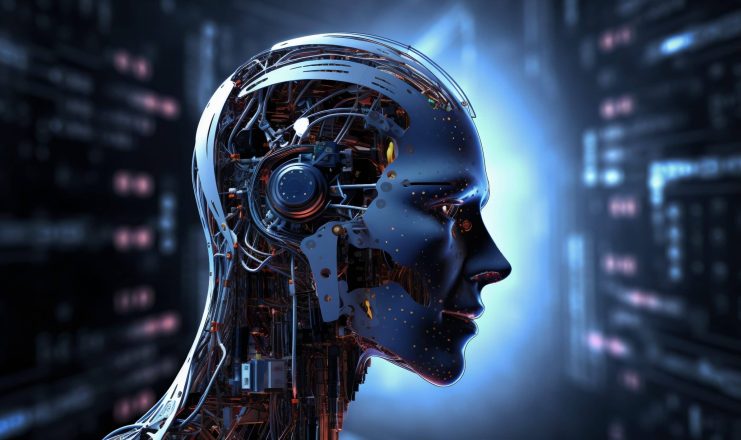 Ein detaillierter humanoider Roboterkopf mit sichtbaren Schaltkreisen und mechanischen Teilen wird im Profil vor einem Hintergrund aus leuchtenden digitalen Kryptodaten gezeigt.
