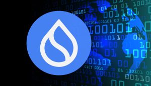 Ein blaues, rundes Logo mit einem weißen Tropfensymbol, das Sui darstellt, wird vor einem digitalen Hintergrund aus Binärcode und einem Bild der Erde angezeigt.