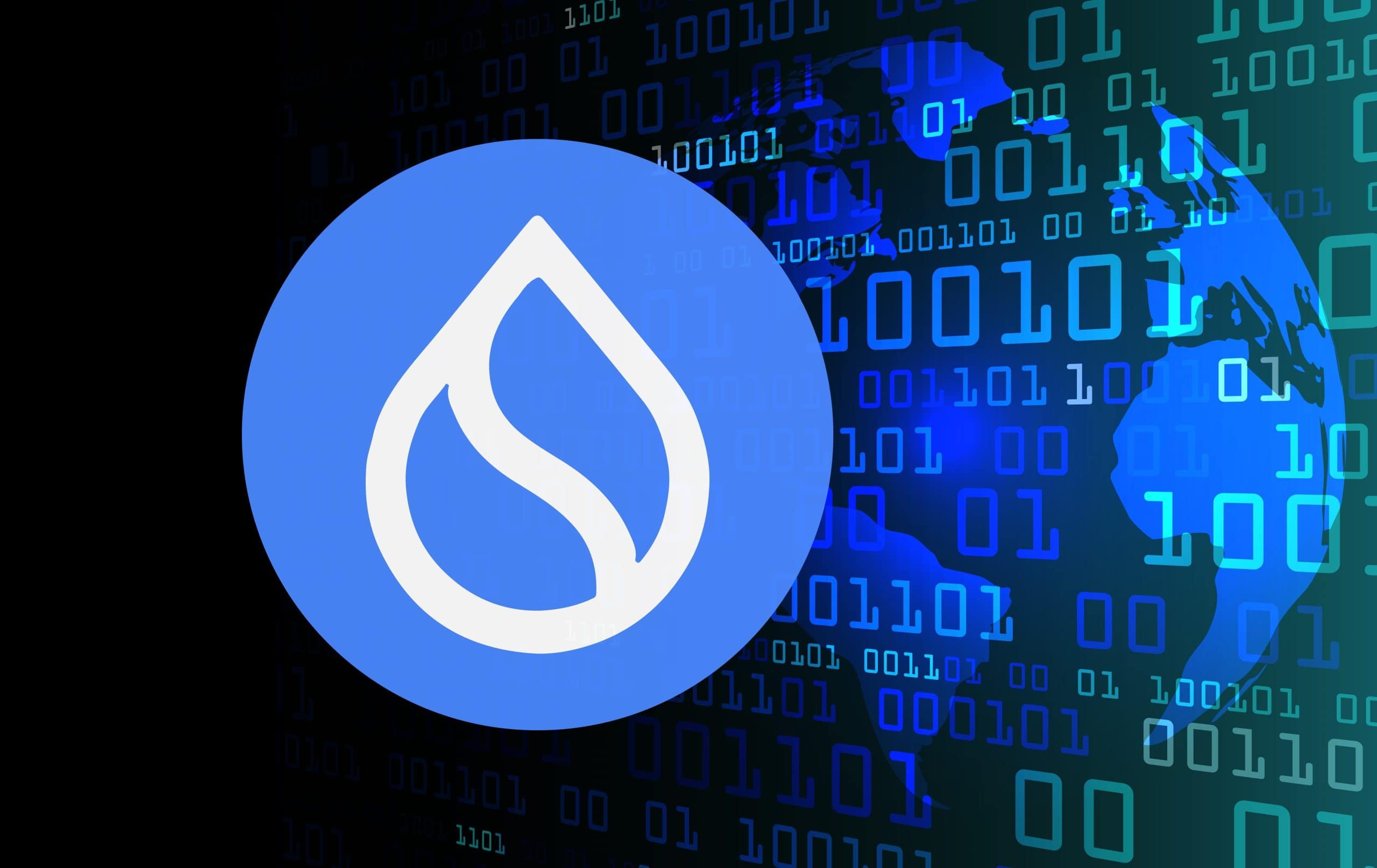 Ein blaues, rundes Logo mit einem weißen Tropfensymbol, das Sui darstellt, wird vor einem digitalen Hintergrund aus Binärcode und einem Bild der Erde angezeigt.