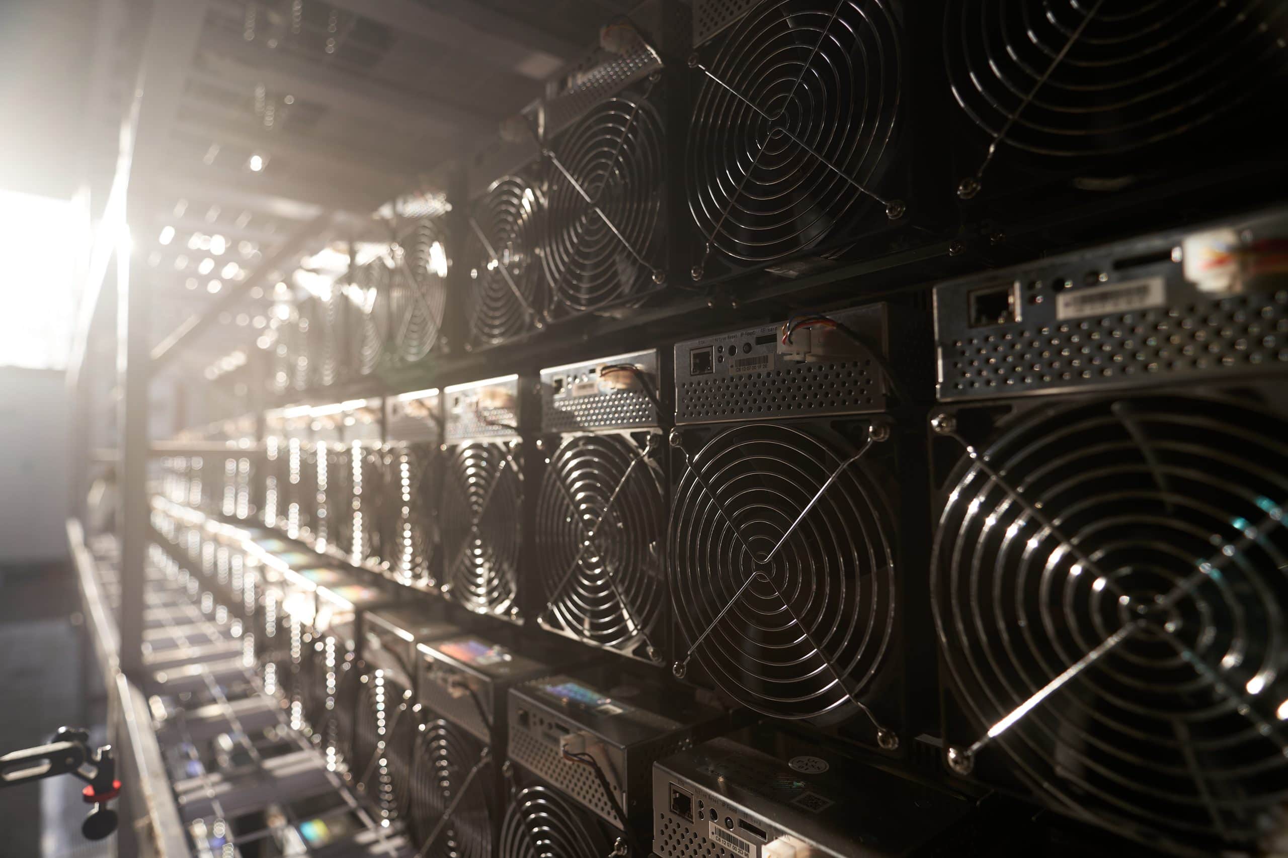 Reihen von Kryptowährungs-Mining-Rigs brummen unermüdlich in einem schwach beleuchteten Raum, ihre Kühlventilatoren surren leise. Etwas Licht fällt von links ein und wirft subtile Schatten auf die geordnete Ausrüstung, die für effiziente Mining-Operationen sorgt.
