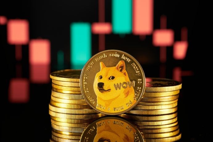 Ein Stapel Goldmünzen mit einem Shiba Inu und WOW auf der Vorderseite liegt neben einem unscharfen Balkendiagramm. Die roten und grünen Balken des Diagramms deuten Markttrends an und erinnern an einen ETF, der Finanzbewegungen verfolgt.