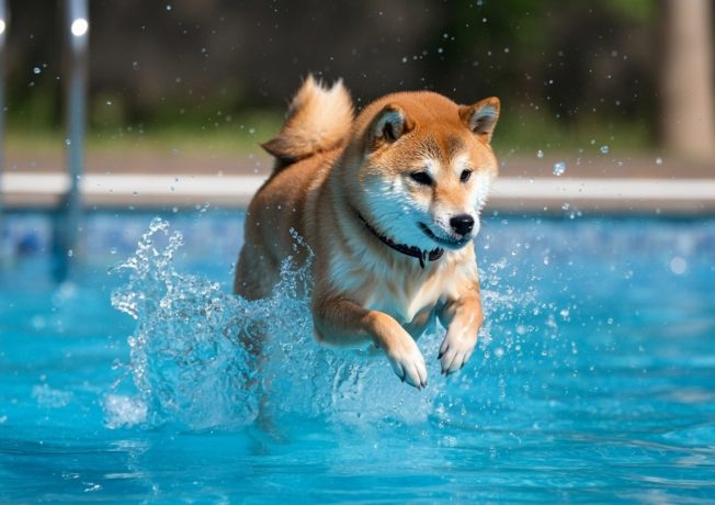 Ein Shiba Inu im Pool