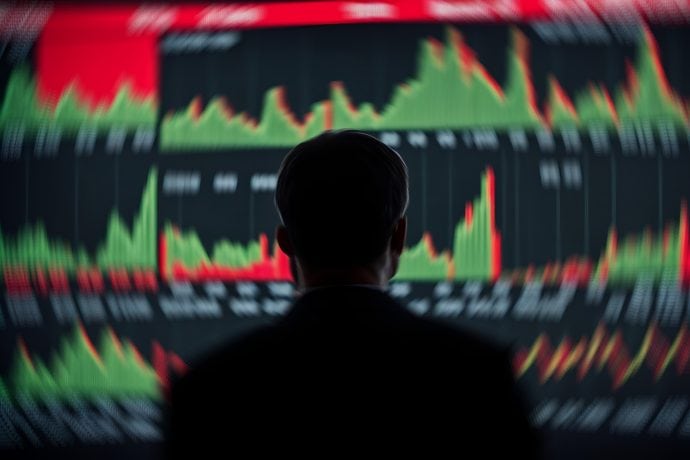 Die Silhouette einer Person ist mehreren Bildschirmen gegenübergestellt, auf denen jeweils schwankende Börsendiagramme mit grünen und roten Balken sowie Altcoin-Trends angezeigt werden, die die dynamischen Veränderungen in dieser digitalen Währungslandschaft erfassen.