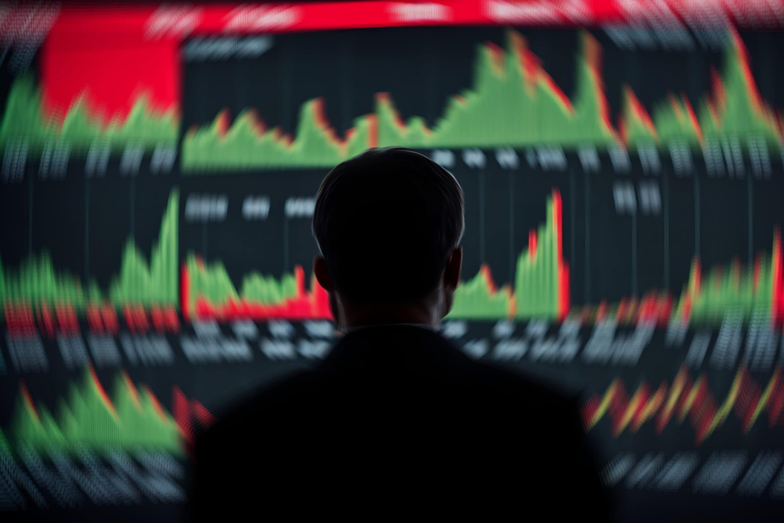 Die Silhouette einer Person ist mehreren Bildschirmen gegenübergestellt, auf denen jeweils schwankende Börsendiagramme mit grünen und roten Balken sowie Altcoin-Trends angezeigt werden, die die dynamischen Veränderungen in dieser digitalen Währungslandschaft erfassen.
