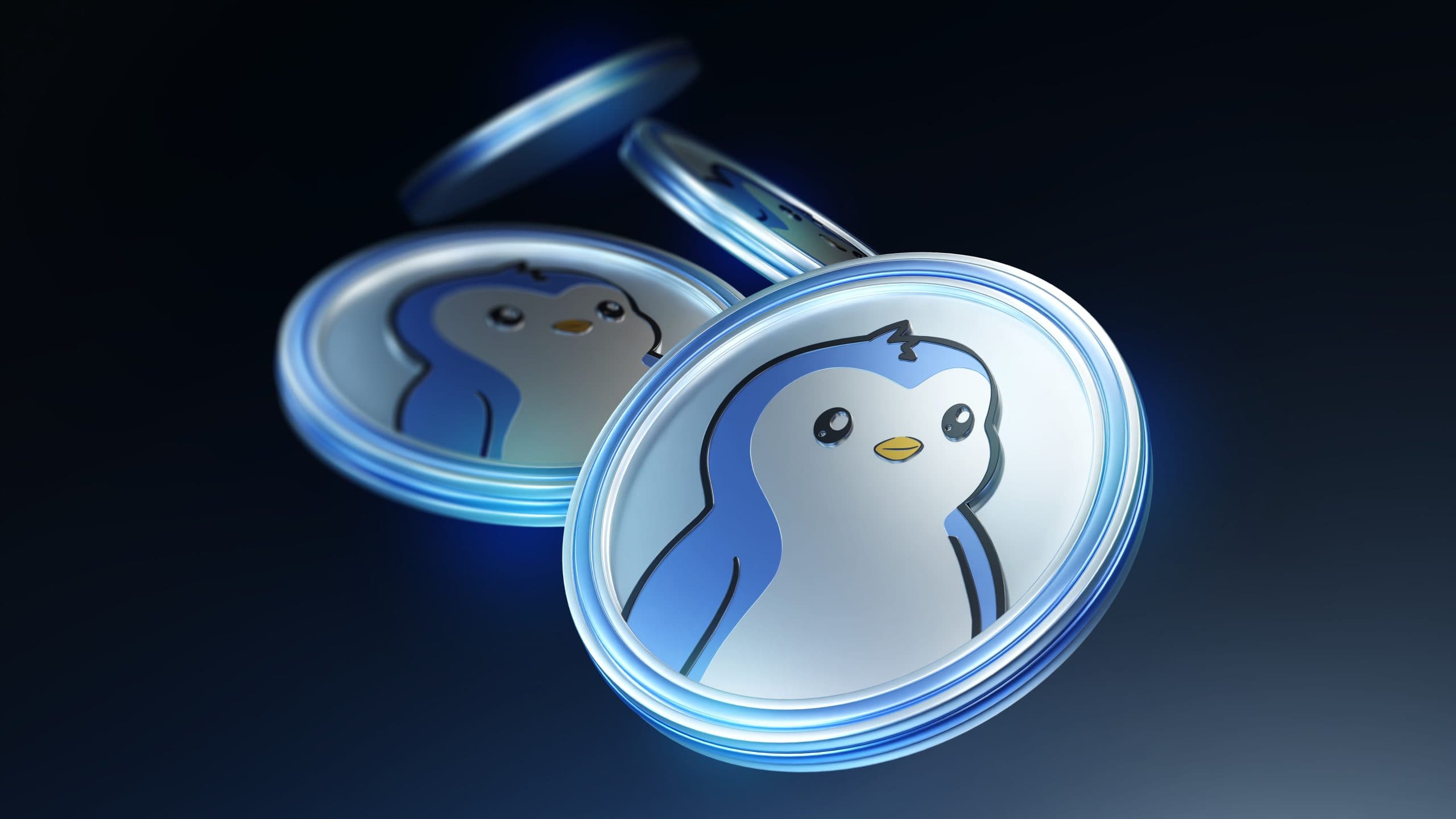 Zwei digitale Münzen mit einem bezaubernden Pengu-Design leuchten mit blauem Licht vor einem dunklen Hintergrund.