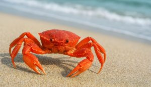 Eine rote Krabbe steht auf einem Sandstrand in Küstennähe, mit sanften Wellen und einem in den Sand gezeichneten Bitcoin-Symbol im Hintergrund.