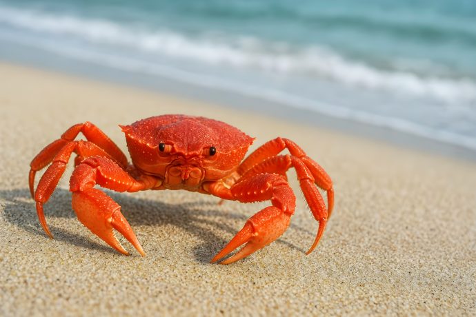 Eine rote Krabbe steht auf einem Sandstrand in Küstennähe, mit sanften Wellen und einem in den Sand gezeichneten Bitcoin-Symbol im Hintergrund.
