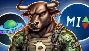 Die Illustration eines bullischen Soldaten mit einem Bitcoin-Emblem vor dem Hintergrund eines UFOs und kryptobezogenen Symbolen verkörpert den Geist von Solaxy.
