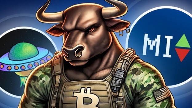 Die Illustration eines bullischen Soldaten mit einem Bitcoin-Emblem vor dem Hintergrund eines UFOs und kryptobezogenen Symbolen verkörpert den Geist von Solaxy.