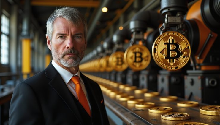 Michael Saylor im Anzug steht inmitten eines Arbeitskampfes, während Maschinen große Goldmünzen ausspucken, die mit dem Bitcoin-Symbol verziert sind und an die mutigen Unternehmungen von Michael Saylor erinnern.