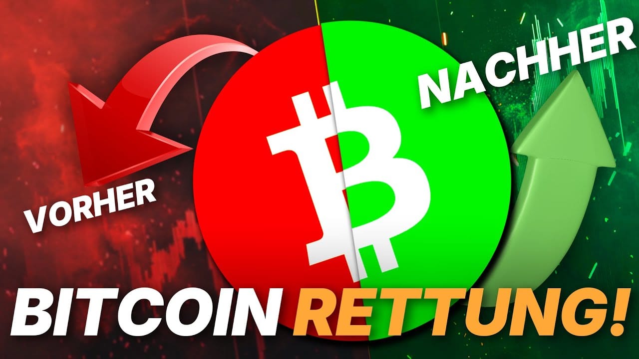 Geteilte Grafik, die die Bitcoin-Wiederherstellung darstellt. Die linke Seite zeigt einen roten Abwärtspfeil mit der Aufschrift „Vorher“, während auf der rechten Seite ein grüner Aufwärtspfeil mit der Aufschrift „Nachher“ angezeigt wird. Der Text lautet „Bitcoin Rettung!“ Der Boden könnte bereits erreicht sein.