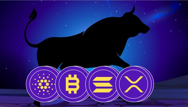 Die Silhouette eines Bullen mit Symbolen für Cardano, Bitcoin, Solana und XRP vor einem leuchtend blauen und violetten Hintergrund spiegelt den Optimismus des Marktes wider. Tauchen Sie mit DeepSeeks aufschlussreicher Erkundung in die Welt der Kryptowährungen ein.