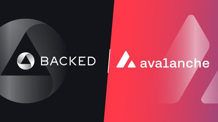Links das Logo von Backed Finance mit dunklem Hintergrund und rechts das Logo von Avalanche mit kräftigem roten Hintergrund.